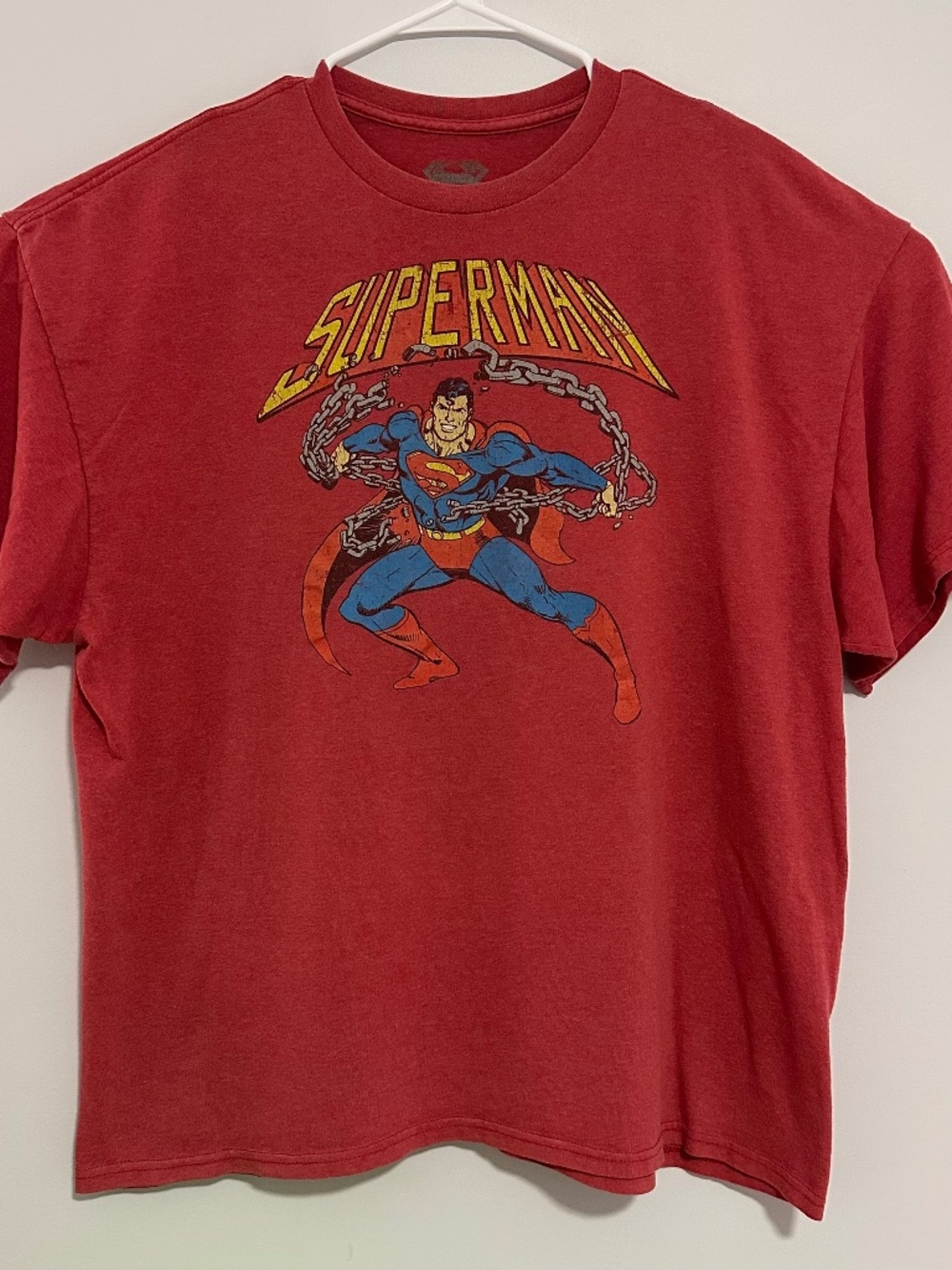 Superman Graphic Print T-Shirt 2XL Red Y2K DC Comics Superhero Short Sleeve